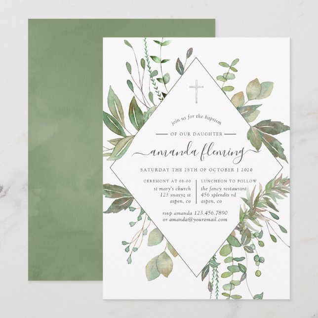 Greenery Geometric Baptism or Christening Invitation (Front/Back)