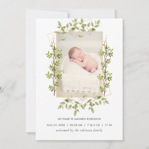 Greenery Geometric Birth Announcement Photo Card