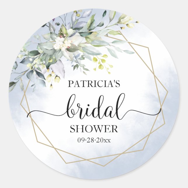 Greenery Geometric Dusty Blue Bridal Shower Classi Classic Round Sticker (Front)
