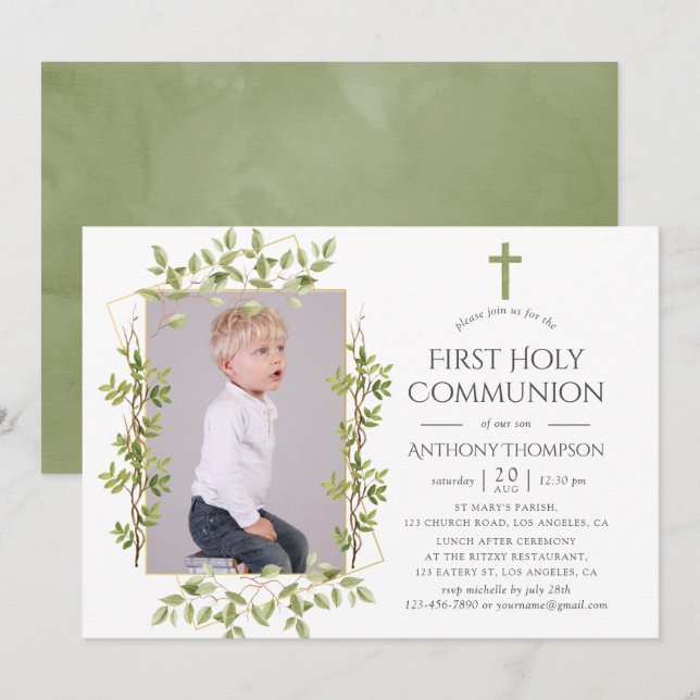 Greenery Geometric First Holy Communion Invitation (Front/Back)