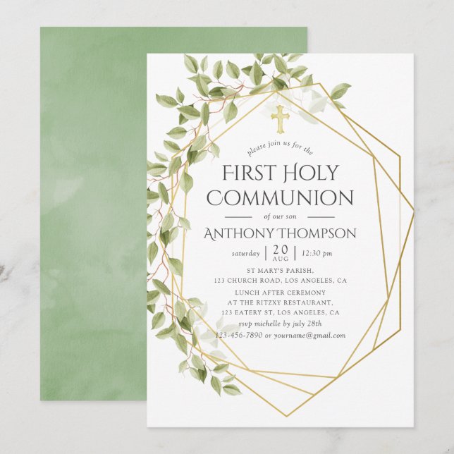 Greenery Geometric First Holy Communion Invitation (Front/Back)