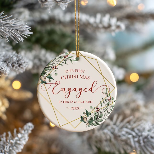Greenery Geometric Our First Christmas Engaged Ceramic Ornament (Creator Uploaded)