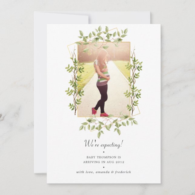 Greenery Geometric Photo Pregnancy Announcement (Front)