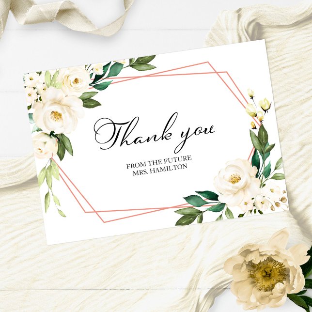 Greenery Geometric White Bridal Shower Thank You Card (Creator Uploaded)