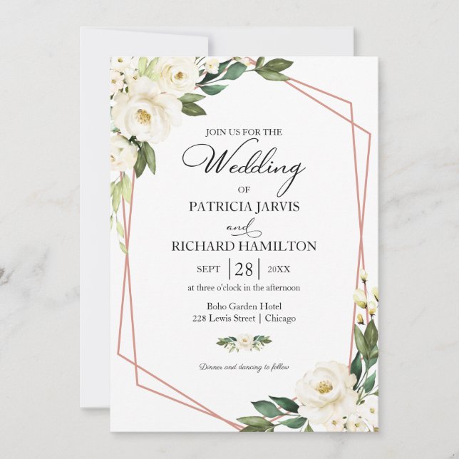 Greenery Geometric White Floral Wedding Invitation (Front)