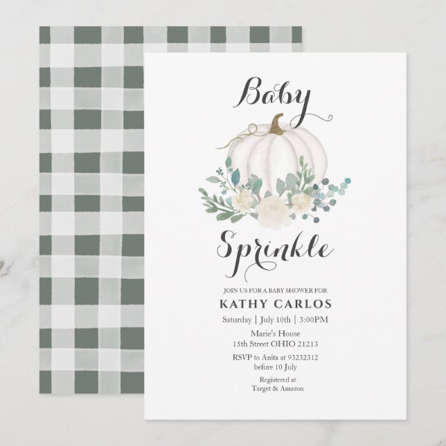 Greenery Gingham White Pumpkin Baby Sprinkle Invitation (Front/Back)