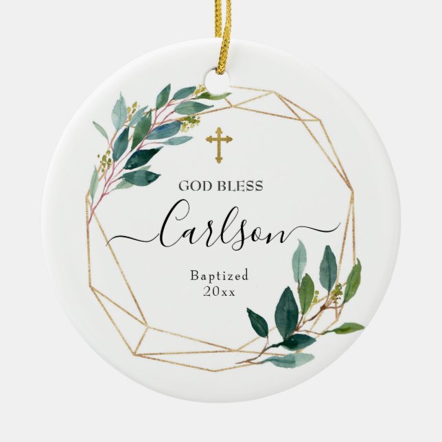 Greenery God Bless Baptized Ceramic Ornament (Front)