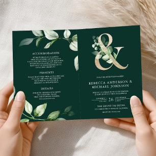 Greenery Gold Ampersand QR Code Emerald Wedding Invitation