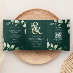 Greenery Gold Ampersand QR Code Emerald Wedding Tri-Fold Invitation