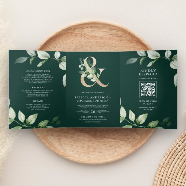 Greenery Gold Ampersand QR Code Emerald Wedding Tri-Fold Invitation (Creator Uploaded)