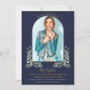 Greenery Gold Arch Navy Blue Photo Graduation Invi Invitation