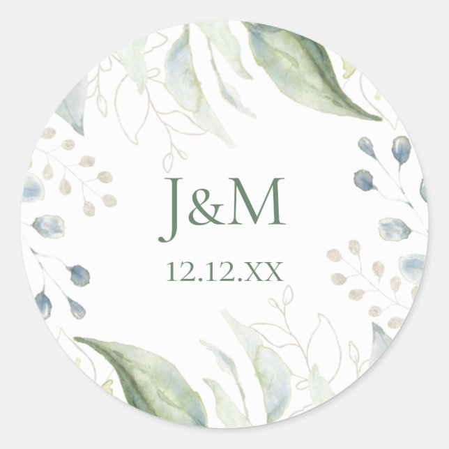 Greenery Gold Botanical Leaves Wreath Classic Round Sticker (Front)