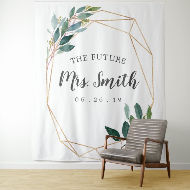 Greenery Gold Bridal Shower Backdrop Photo Booth Tapestry (In Situ)