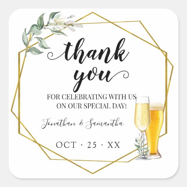 Greenery gold bubbles and brews Thank you wedding Square Sticker (Front)