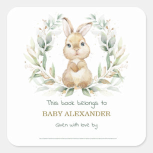 Greenery Gold Bunny Rabbit Baby Shower Bookplate Square Sticker