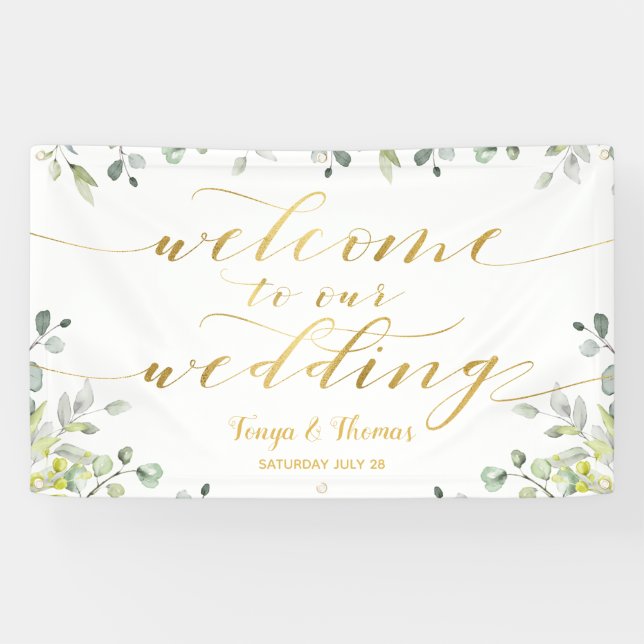 Greenery & Gold Calligraphy Welcome To Our Wedding Banner (Horizontal)