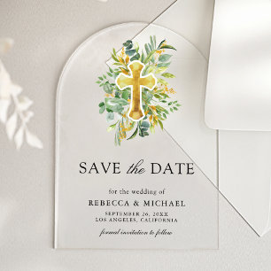 Greenery Gold Catholic Wedding Save the Date Acrylic Invitations