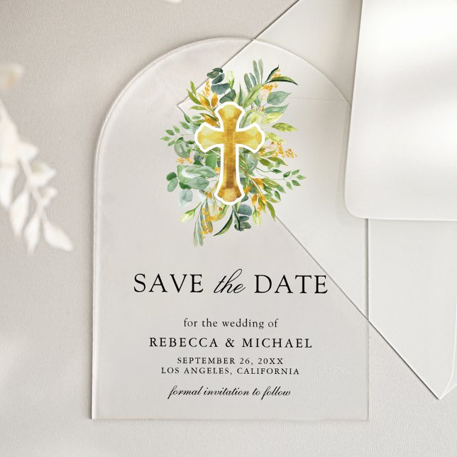 Greenery Gold Catholic Wedding Save the Date Acrylic Invitations (Creator Uploaded)