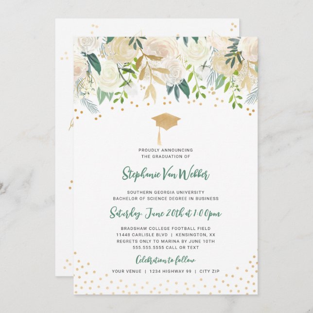 Greenery + Gold Confetti graduation INVITATION (Front/Back)