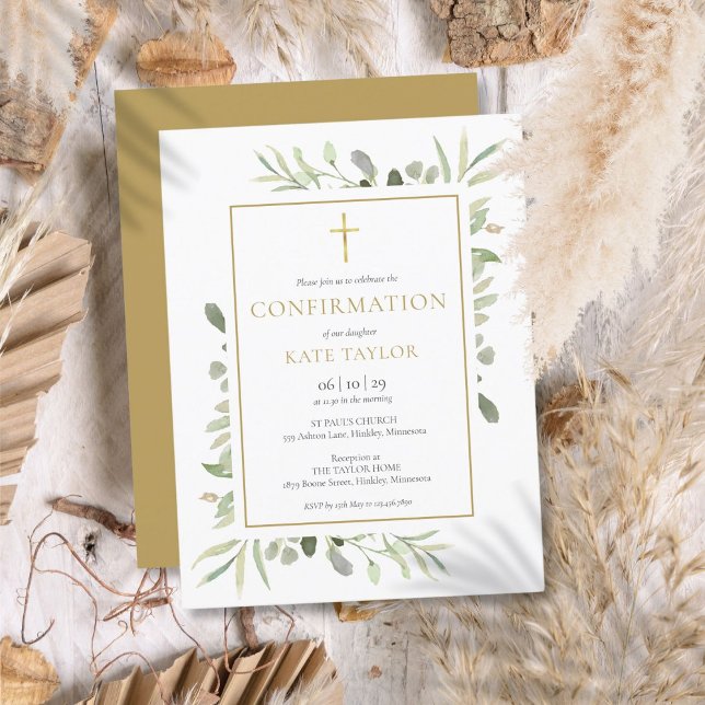 Greenery Gold Confirmation Invitation Postcard (Greenery Gold Confirmation Invitation)