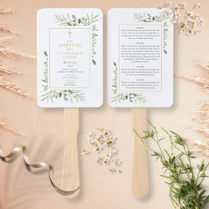 Greenery Gold Cross Baptism Christening Program Hand Fan
