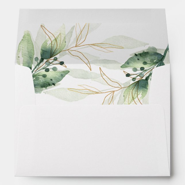 Greenery gold elegant leaves envelopes 5x7 card (Back (Bottom))