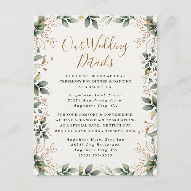 Greenery Gold Elegant Watercolor Boho Leaf Wedding Enclosure Card (Front)