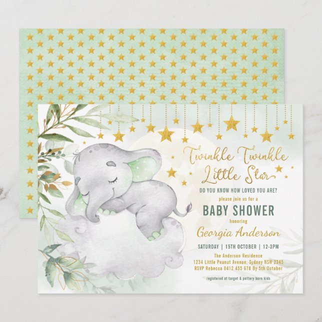 Greenery Gold Elephant Moon Stars Baby Shower Invitation (Front/Back)