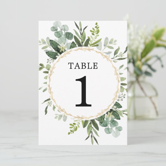 Greenery gold eucalyptus 5"x7" table numbers (Standing Front)