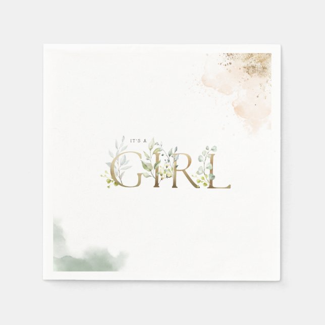 Greenery Gold Eucalyptus It's A Girl Baby Shower  Napkin (Front)