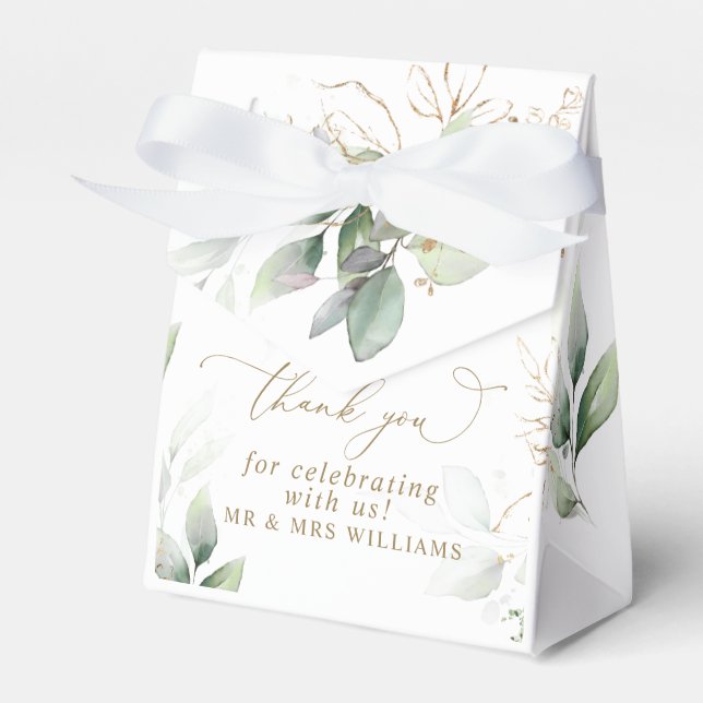 Greenery & Gold Eucalyptus Wedding Favor Box (Front Side)
