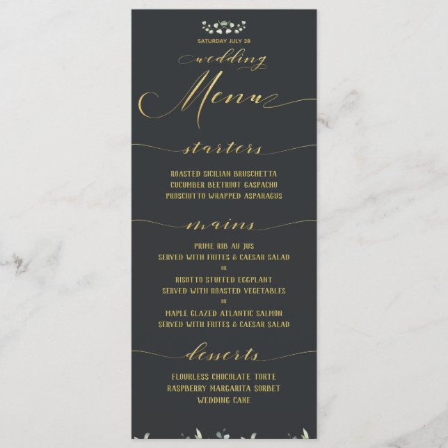 Greenery & Gold Fancy Calligraphy Grey Wedding Menu (Front)