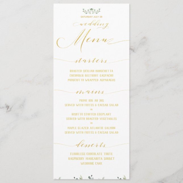 Greenery & Gold Fancy Calligraphy Wedding Dinner Menu (Front)