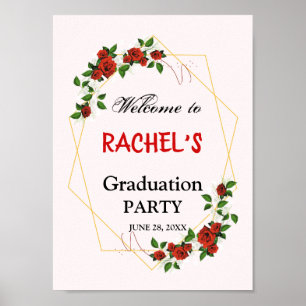 Greenery Gold Floral Graduation Party Welcome Poster