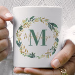 Greenery Gold Floral Wreath Custom Monogram Coffee Mug<br><div class="desc">Elegant nature inspired custom coffee mug design features a beautiful watercolor greenery wreath with neutral green,  gold,  and cream coloured foliage and flowers. Personalize with custom monogram name and initial. Makes a great gift for your bridesmaids and other members of your bridal party.</div>