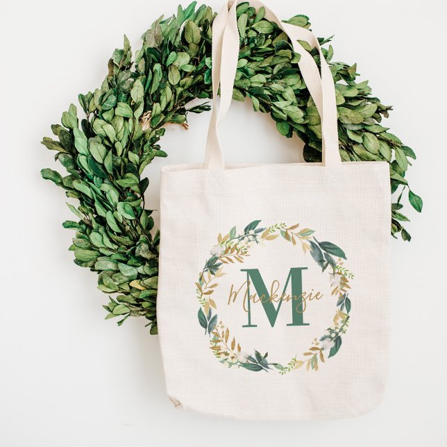Greenery Gold Floral Wreath Monogram Name Tote Bag (Creator Uploaded)