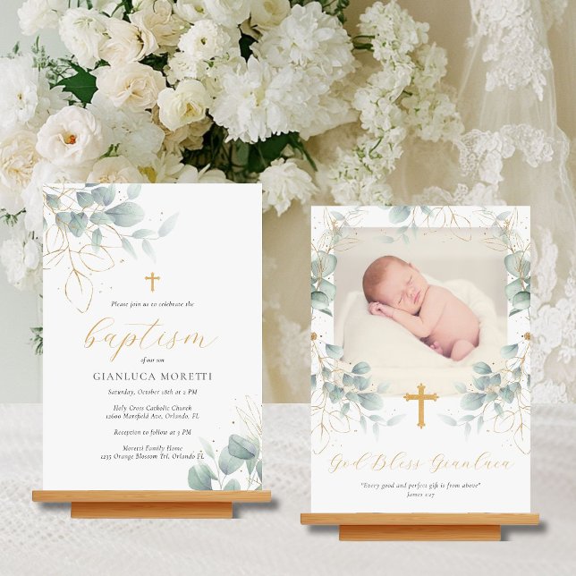 Greenery Gold Foil Baptism Invitation with Photo (This Delicate Foliage baptism invitation features watercolor greenery and space for a photo)