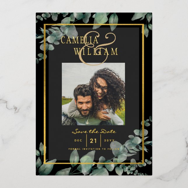 Greenery Gold Foil PHOTO QR CODE Wedding Save Date (Front)