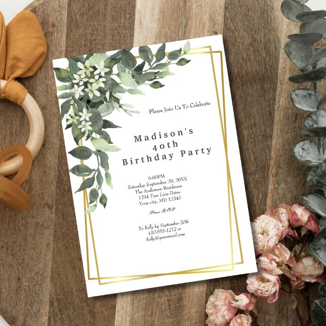 Greenery Gold Frame Floral Birthday Invitation  (Elegant Gold Frame Greenery Birthday Invitation for her. Instant download digital, or Printed)