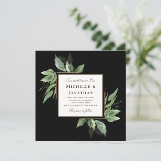 Greenery Gold Frame on Black Christian Wedding Invitation (Standing Front)