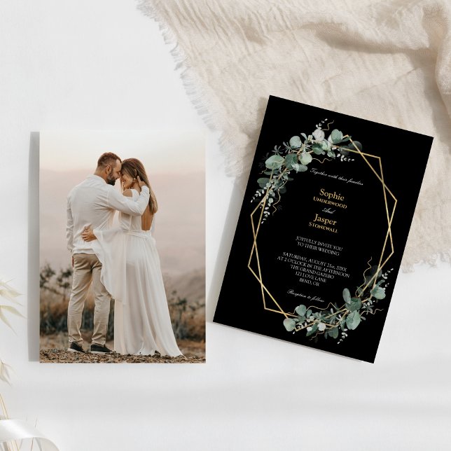 Greenery Gold Frame Simple Black Photo Wedding Invitation (Creator Uploaded)