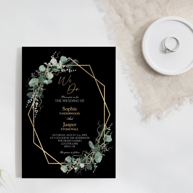 Greenery Gold Frame Simple Black We Do Wedding Invitation (Creator Uploaded)