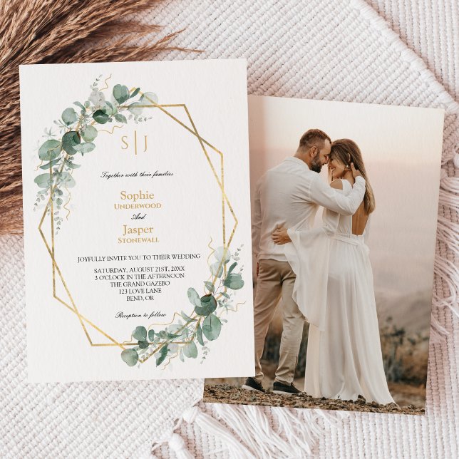 Greenery Gold Frame Simple Monogram Photo Wedding Invitation (Creator Uploaded)