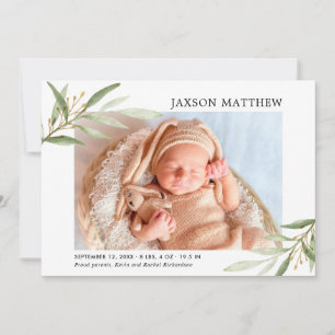 Greenery gold gender neutral birth announcement