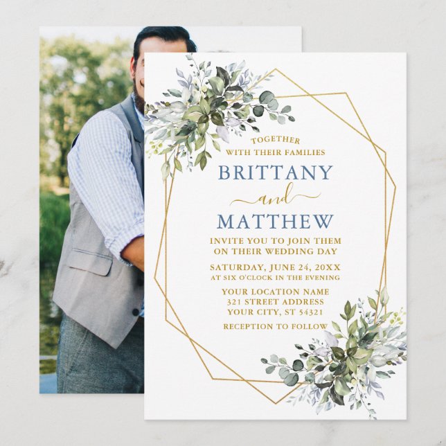 Greenery Gold Geo Frame Photo Wedding Dusty Blue Invitation (Front/Back)