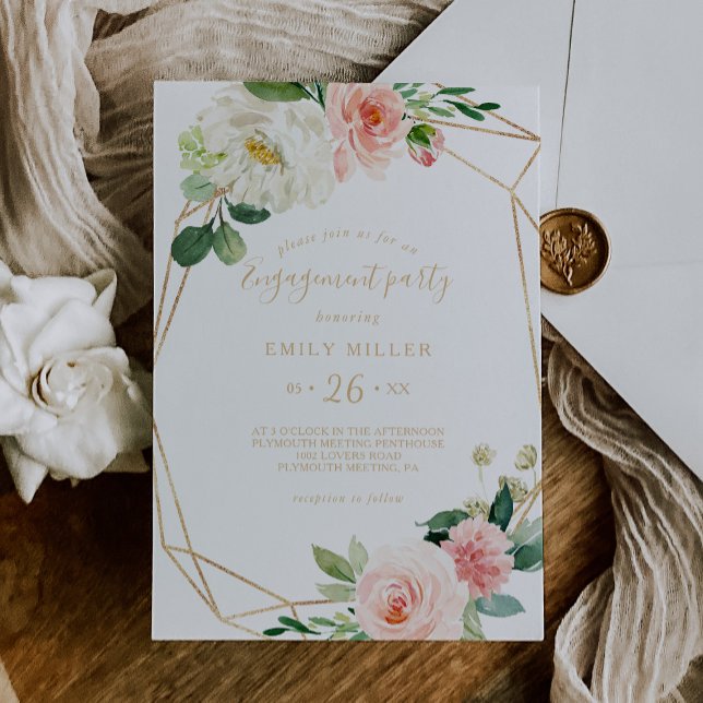 Greenery & Gold Geometric Elegant Engagement Party Invitation (Creator Uploaded)
