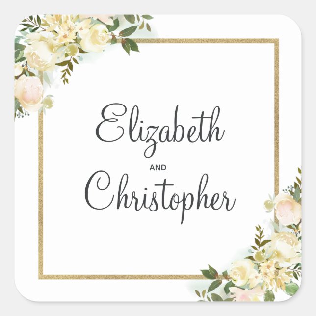 Greenery Gold Geometric Elegant Wedding Floral Square Sticker (Front)