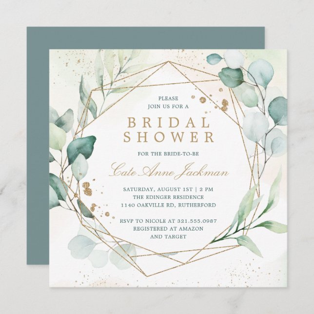 Greenery Gold Geometric Eucalyptus Bridal Shower Invitation (Front/Back)