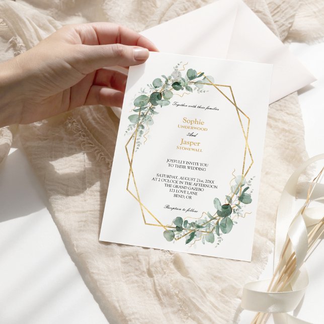Greenery Gold Geometric Frame Simple Wedding Invitation (Creator Uploaded)