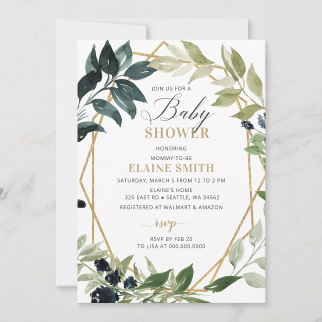 Greenery Gold Geometric Gender Neutral Baby Shower Invitation (Front)